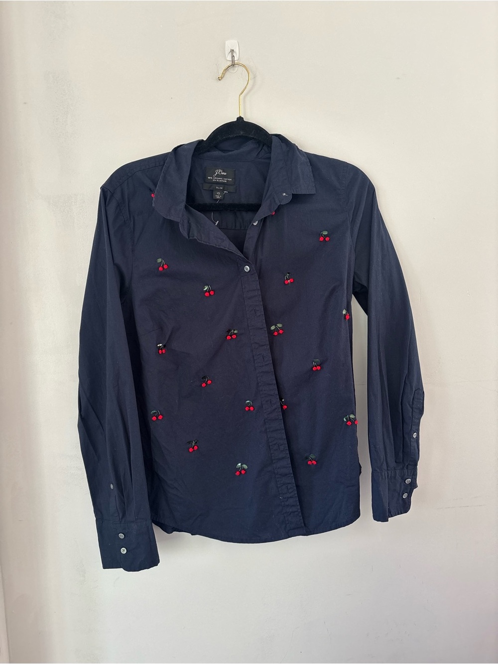 J. Crew 10 Cherry Sequin Navy Slim Button-Down Shirt